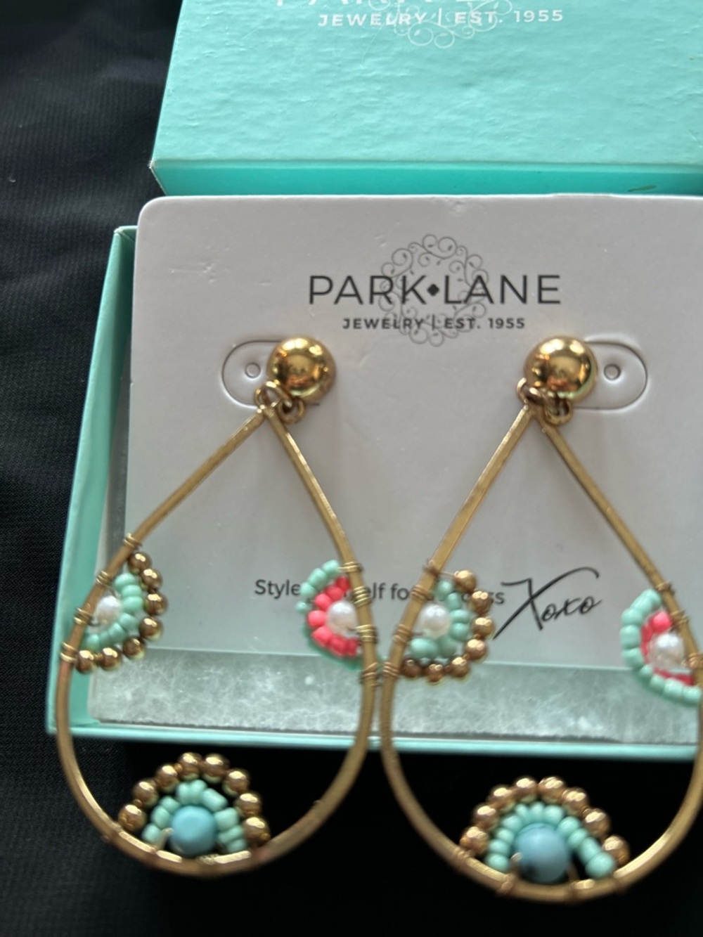 Park Lane Gold Teardrop Earrings with Turquoise and Coral Bead Accents